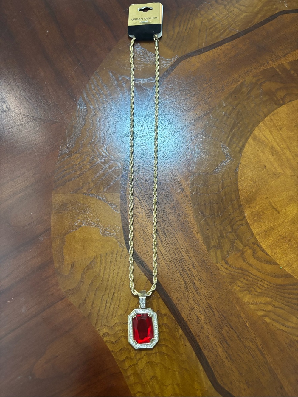 Gold-toned Pendant Necklace with Red Emerald-Cut Stone - Picture 2 of 5